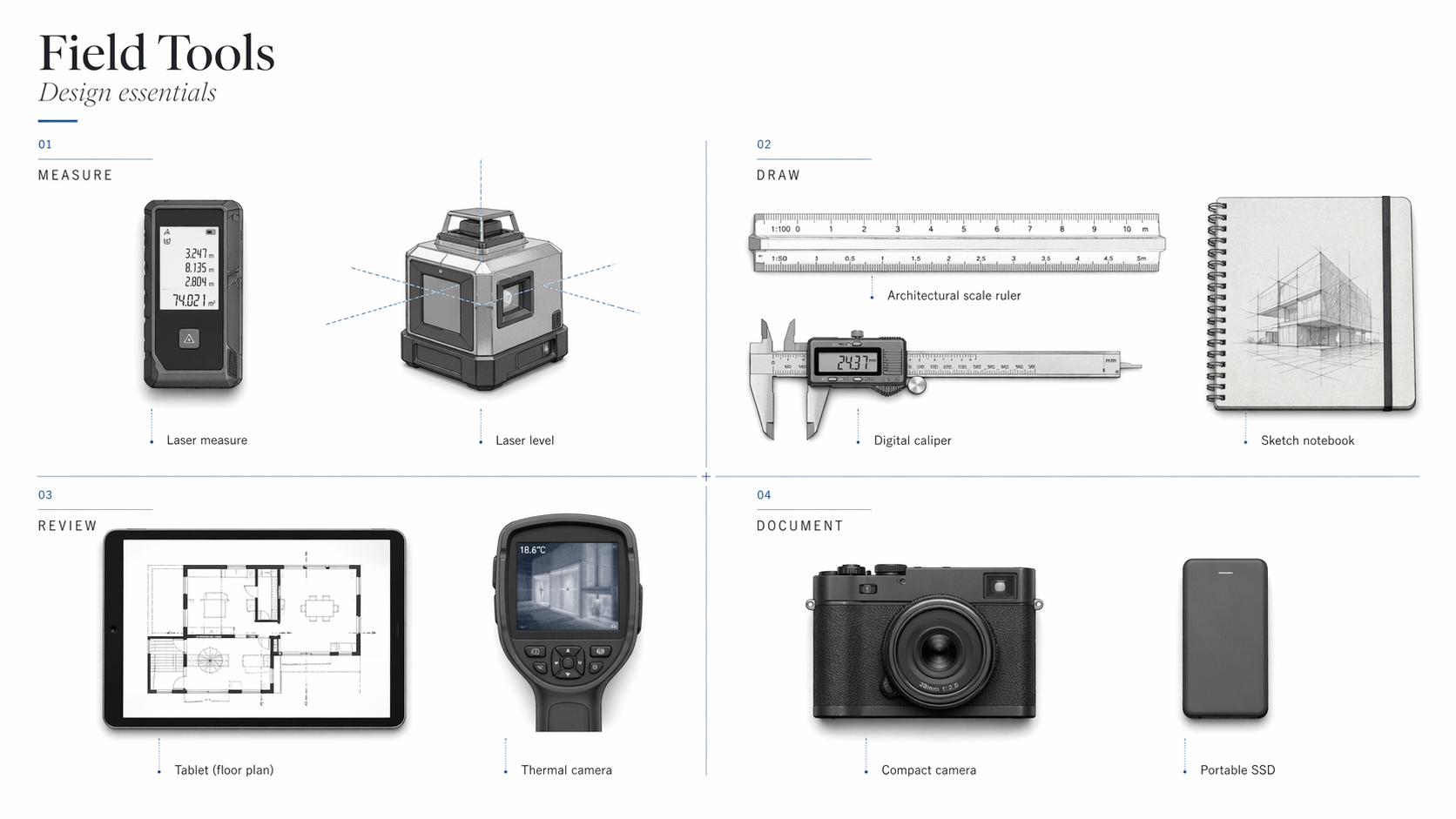 Architect field tools grouped by task, including measuring tools, drawing tools, review devices, cameras, and portable storage.