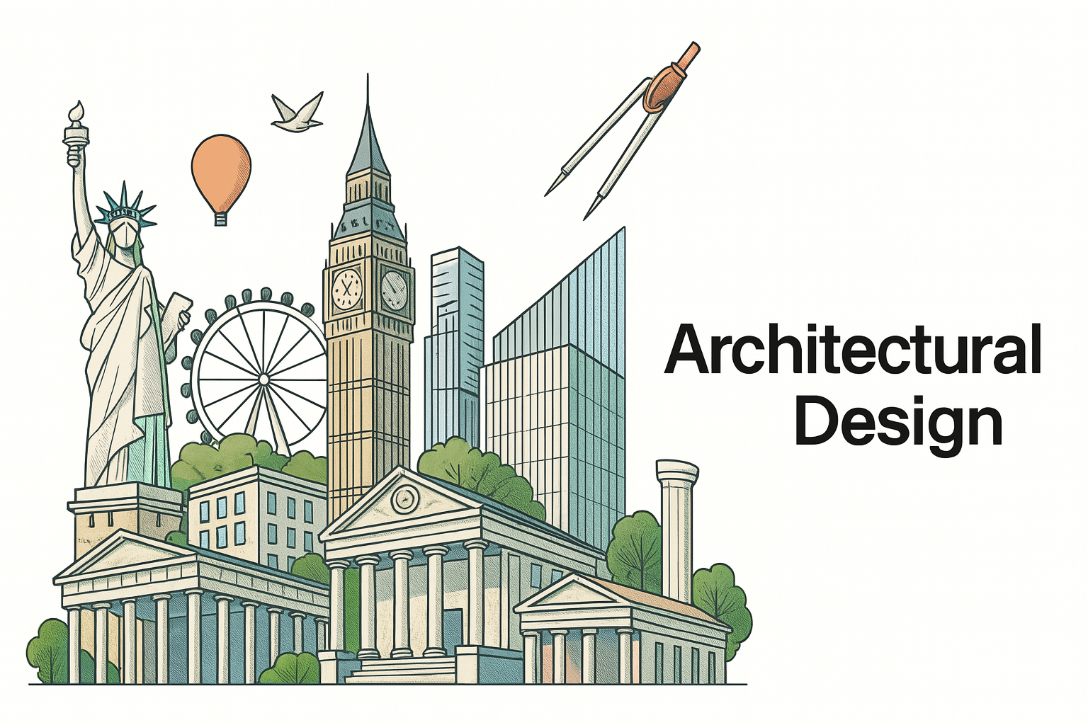 Architect’s compass with building sketches representing design elements.