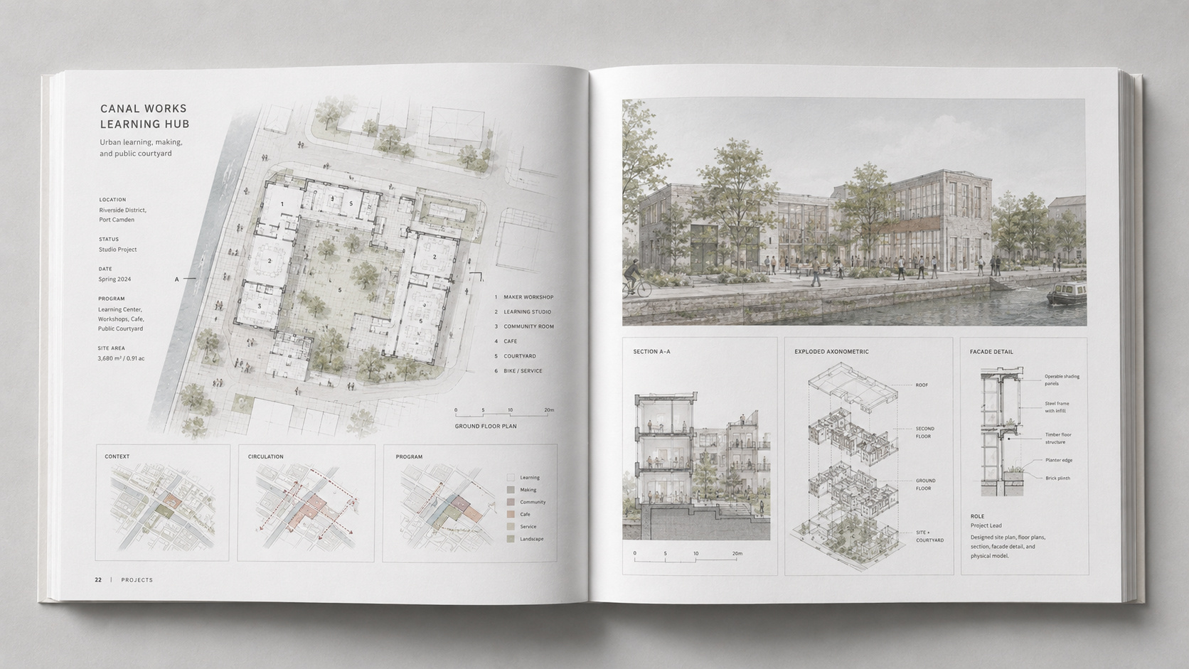 Architecture portfolio project spread example showing a large ground floor plan, context diagrams, exterior view, building section, exploded axonometric, facade detail, and role note.