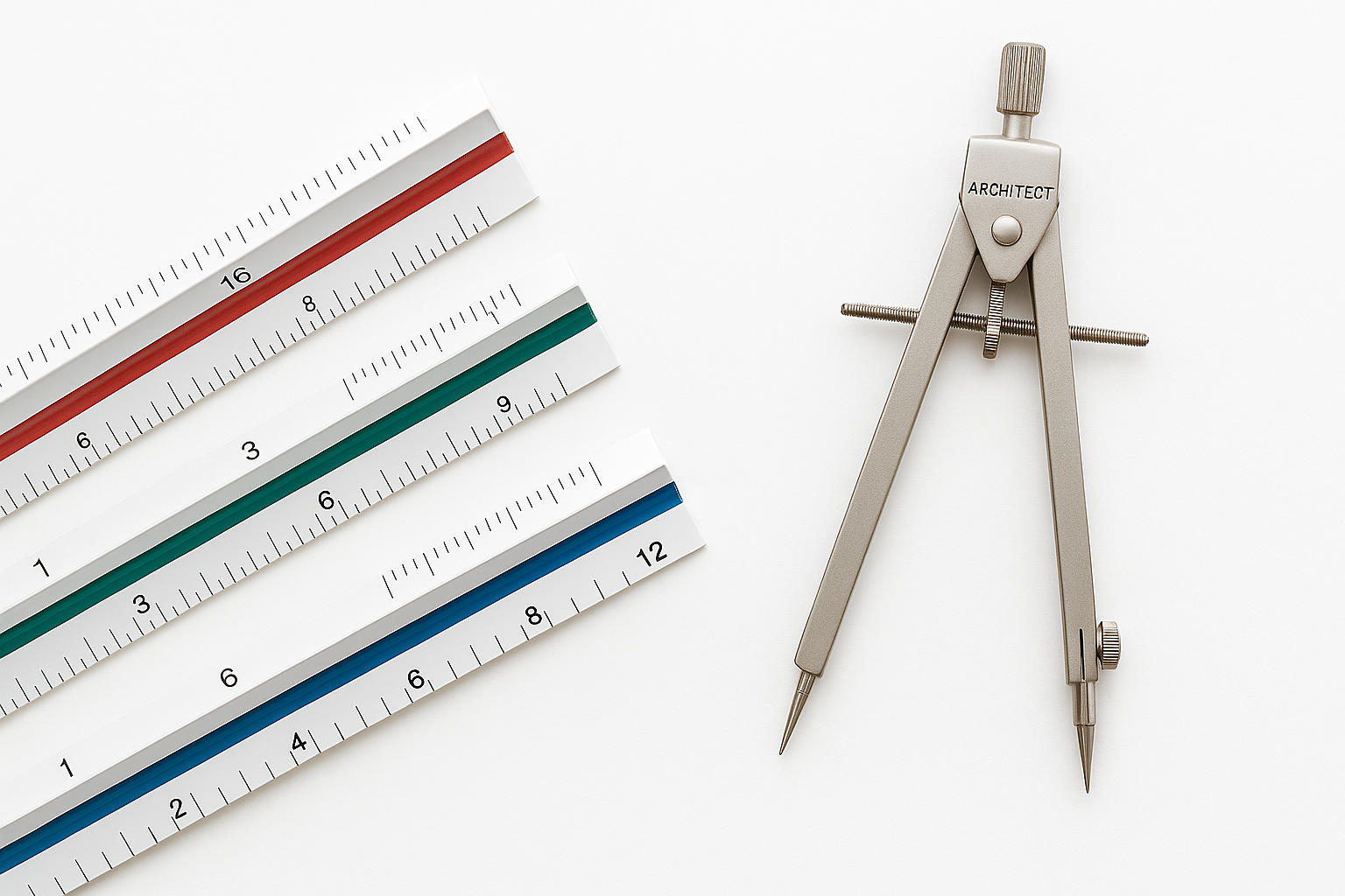 Various architectural rulers including scale rulers and triangles on drafting surface.