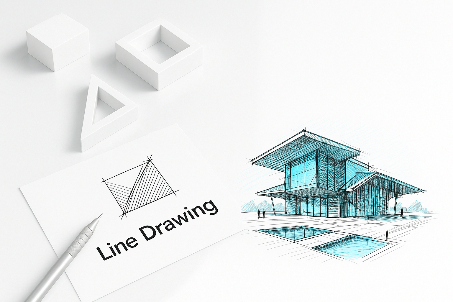 Architectural sketch showing line drawing, perspective, and scaled proportions.
