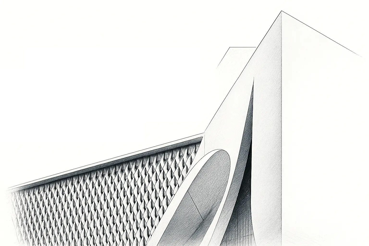 A sculptural facade with built-in structural support elements.