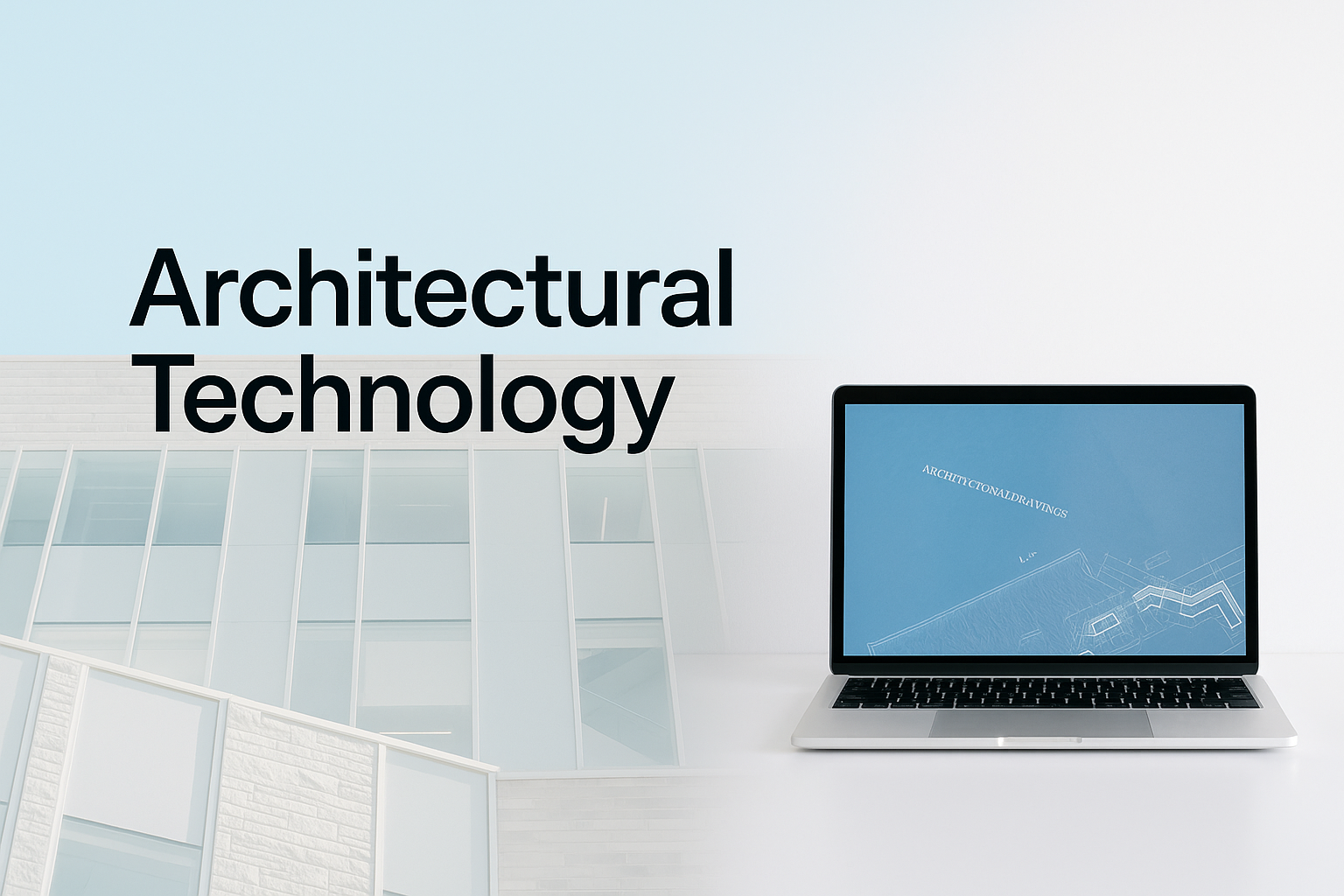 Modern building and laptop showing architectural blueprints.