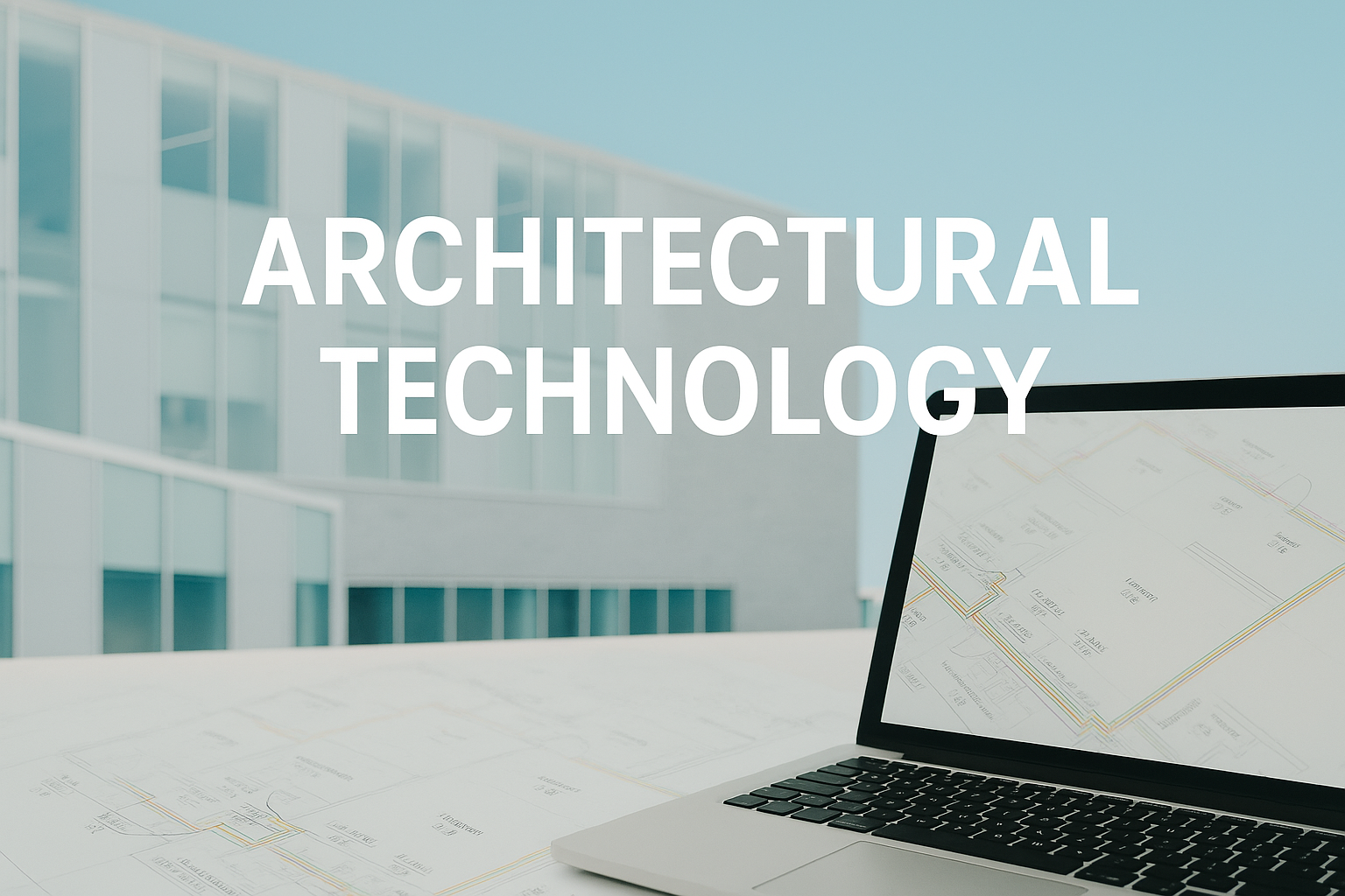 Laptop with floor plan, timber frame structure, and modern glass building.