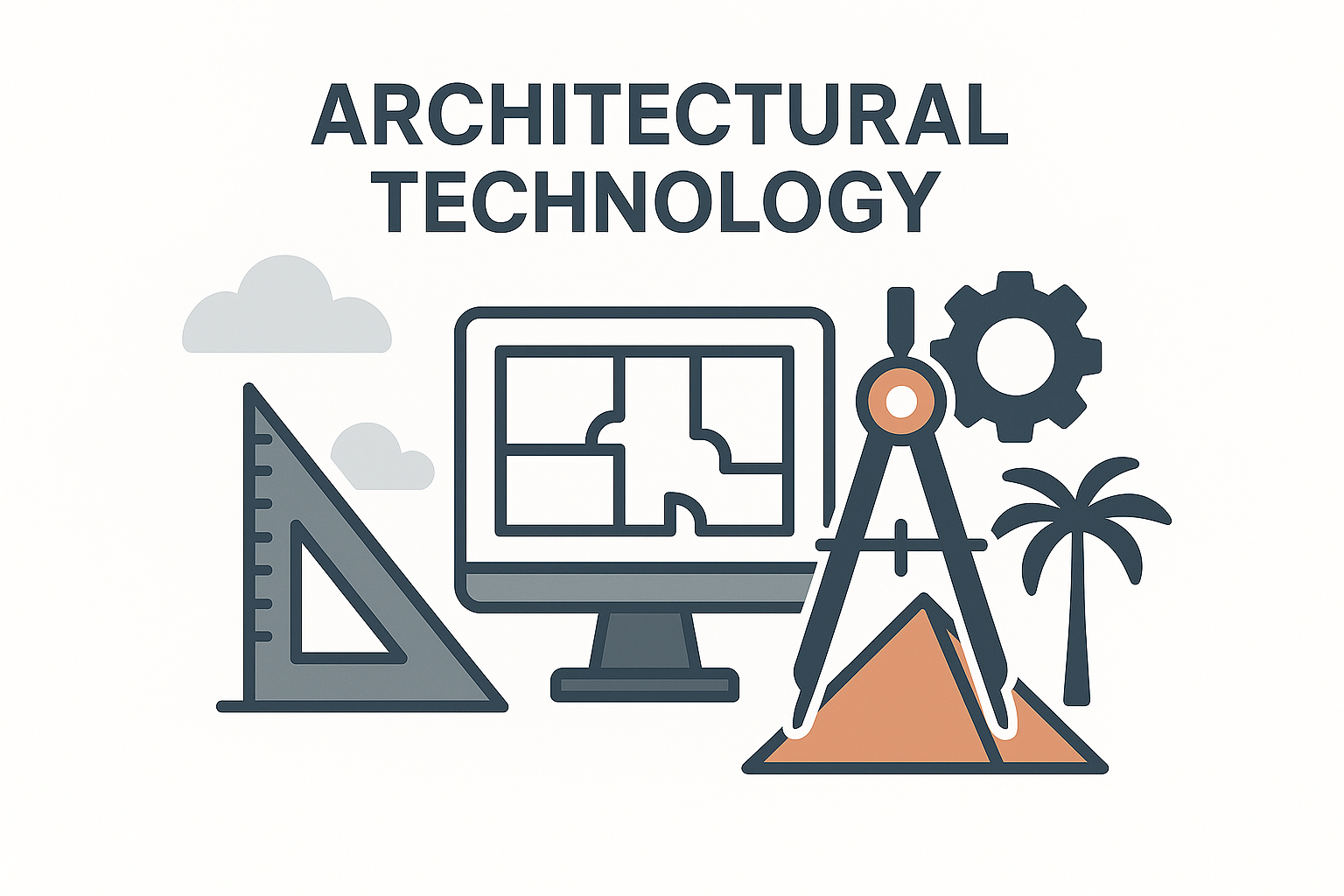 Drafting tools, monitor with floor plan, gear, and compass for architecture tech.