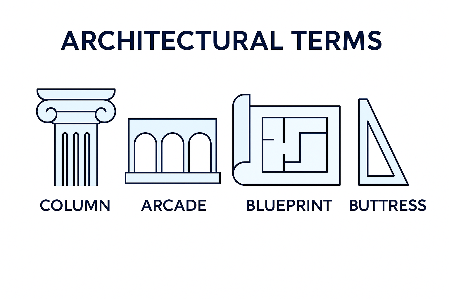 Simple diagram showing column, arcade, blueprint, and buttress architectural terms
