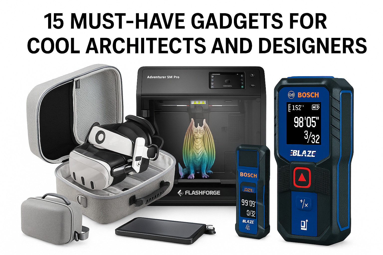 Modern architectural tools including laptop, laser measure, scale ruler, and design software.