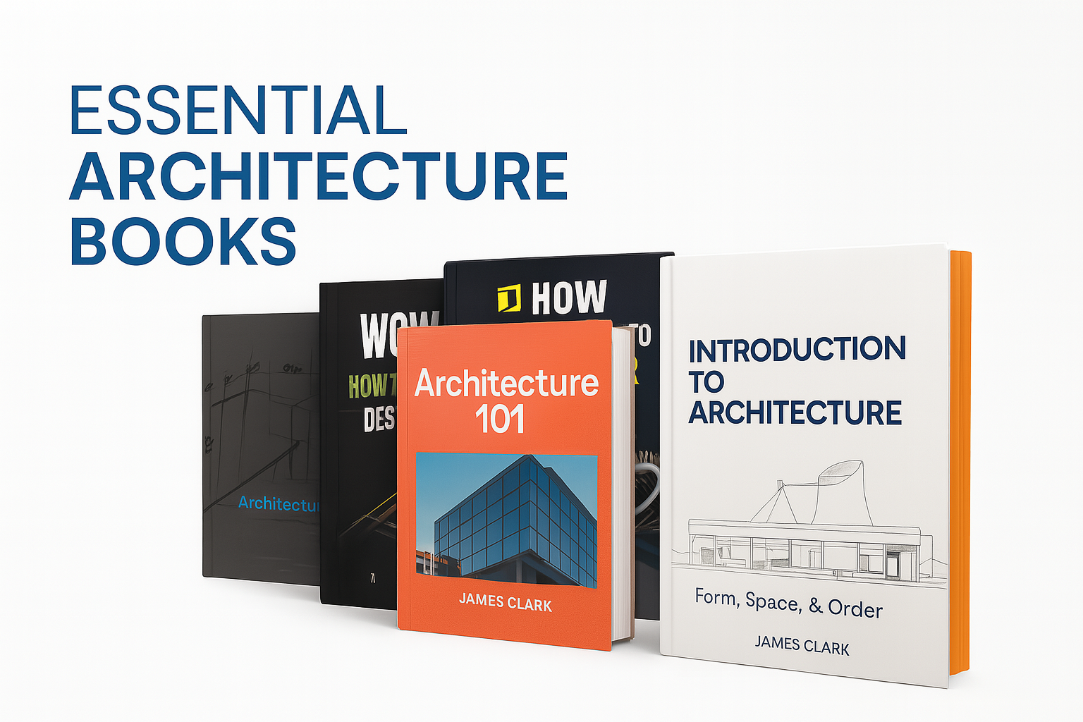 Five architecture books standing on a white surface, photographed from above.