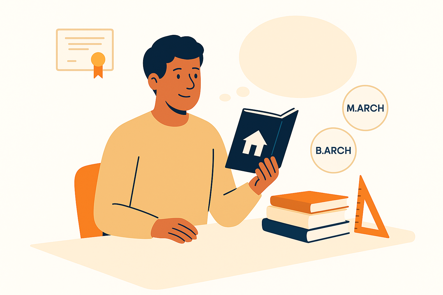 Student reading a book at a desk with icons representing B.Arch and M.Arch architecture degrees.