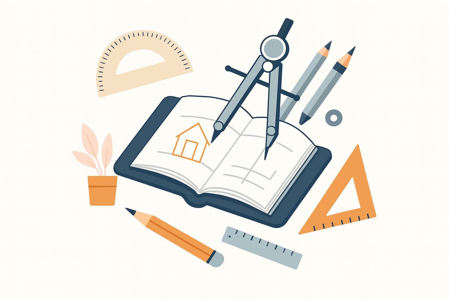 Architecture degree tools including sketchbook, compass, and laptop.