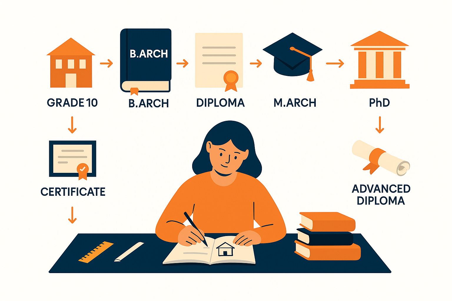Illustrated education path for architects from grade 10 to PhD with icons for degrees and certifications.
