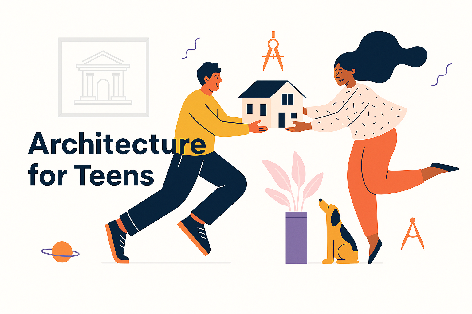 Flat-style illustration of teens exchanging a house model with drafting tools and plant