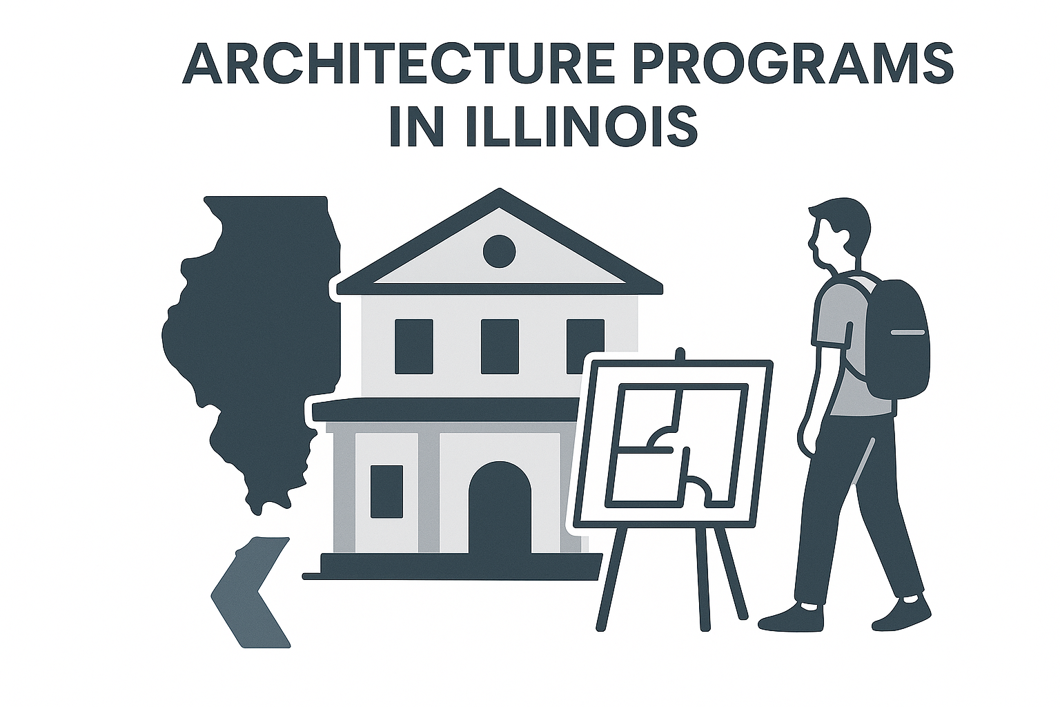 Minimalist illustration of Illinois architecture school with state outline, student, and floor plan.