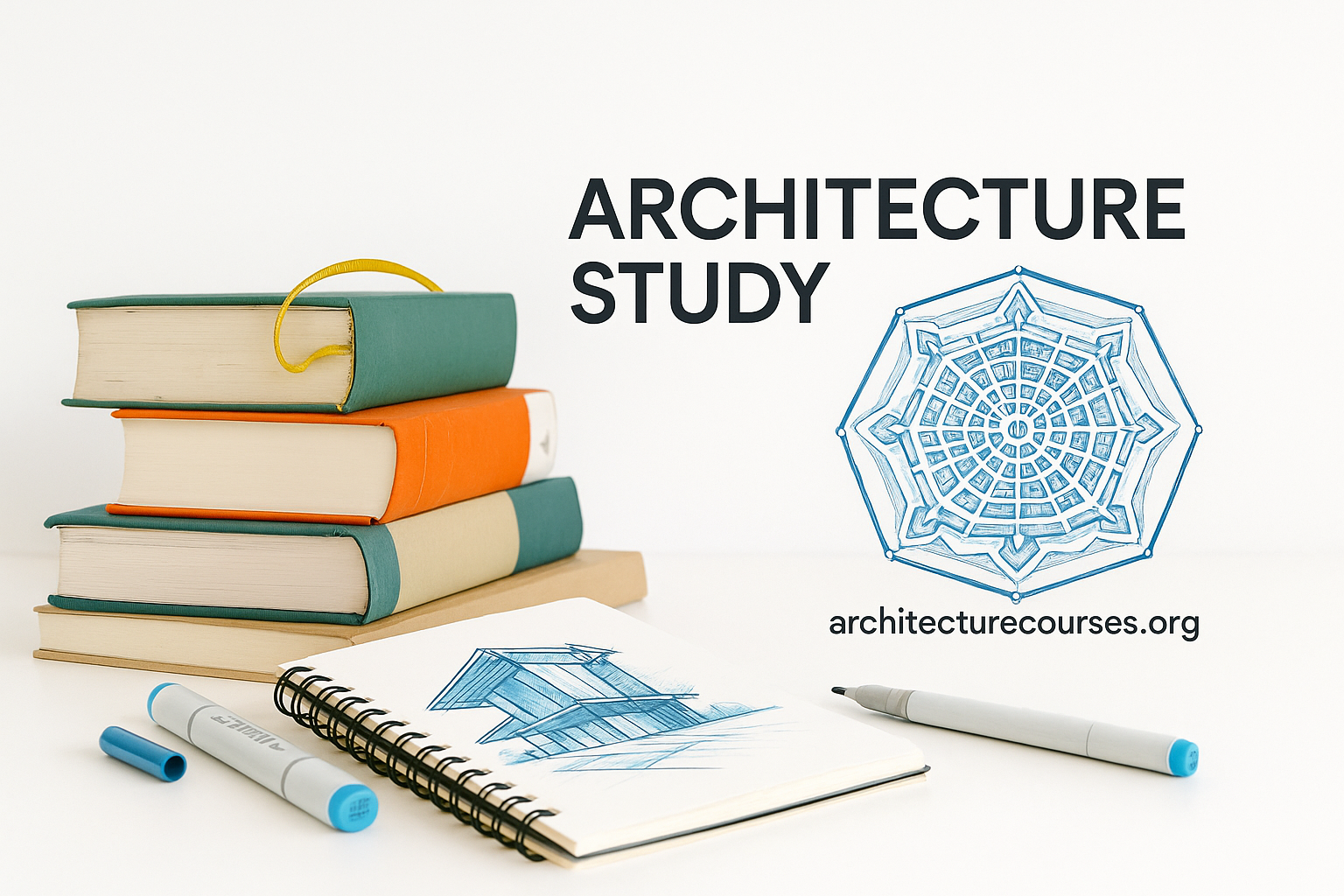 Minimalist workspace with architecture study tools and students working.