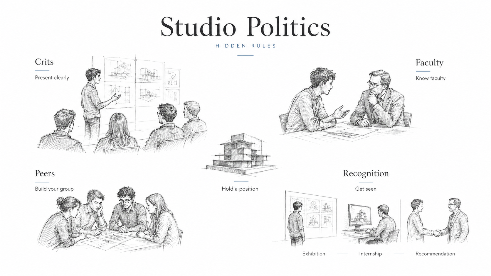 Architecture studio politics diagram showing crits, faculty relationships, peer feedback, recognition, and visibility in architecture school.