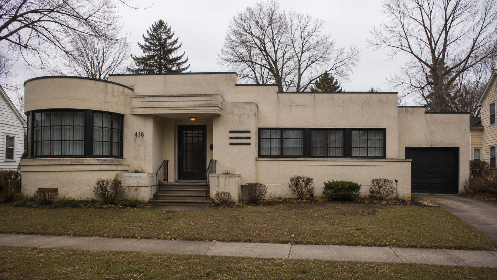 1940s Streamline Moderne house with cream stucco, curved corner window, black trim, ribbon windows, and side garage.