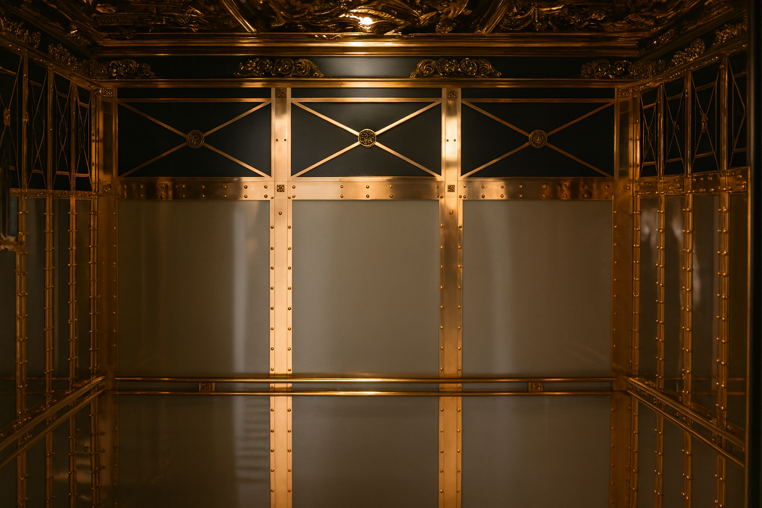  Ornate golden Art Deco elevator interior with warm lighting and intricate detailing.