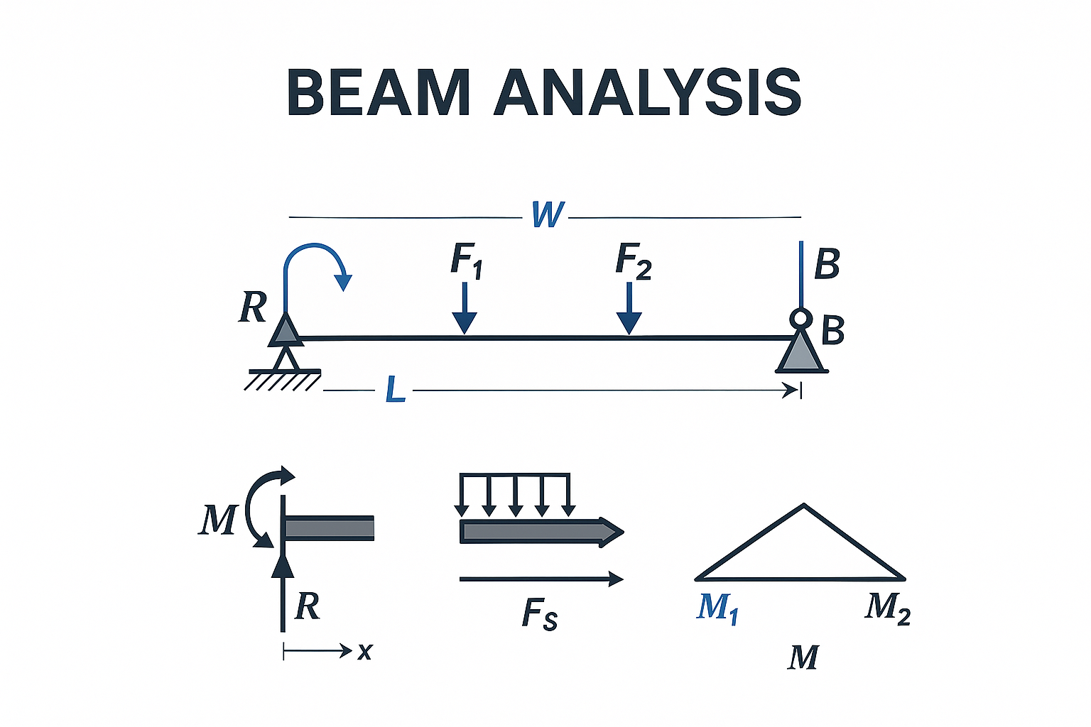 Technical illustration of a beam analysis setup with force diagrams and moment graphics.