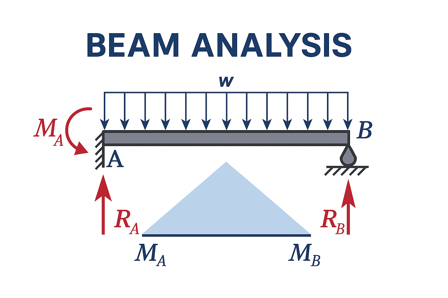 Beam analysis diagram showing forces and moments on a supported beam.