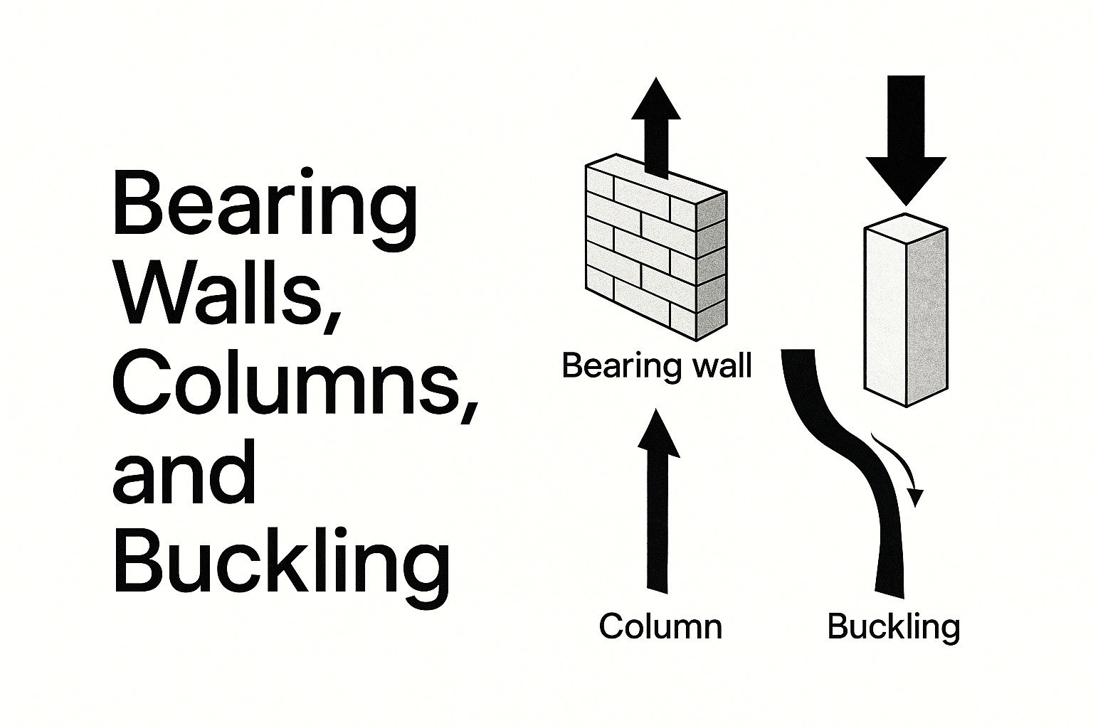 A diagram of a bearing wall, column, and buckling behavior under vertical compressive force.