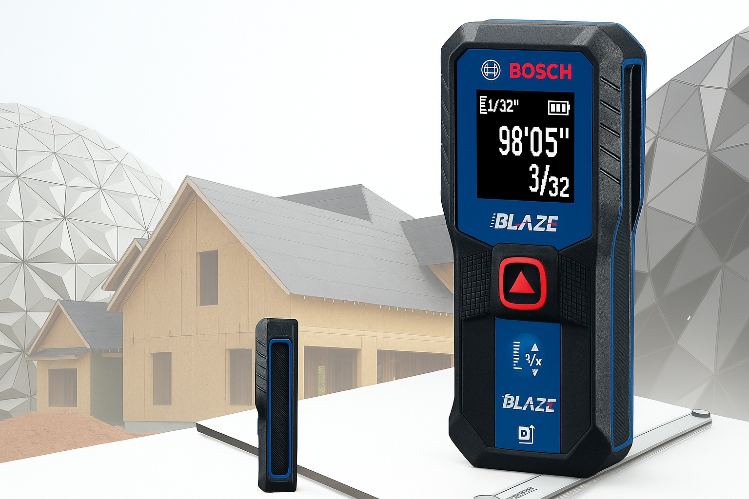 Bosch Blaze laser measure next to modern drafting tools and house under construction.