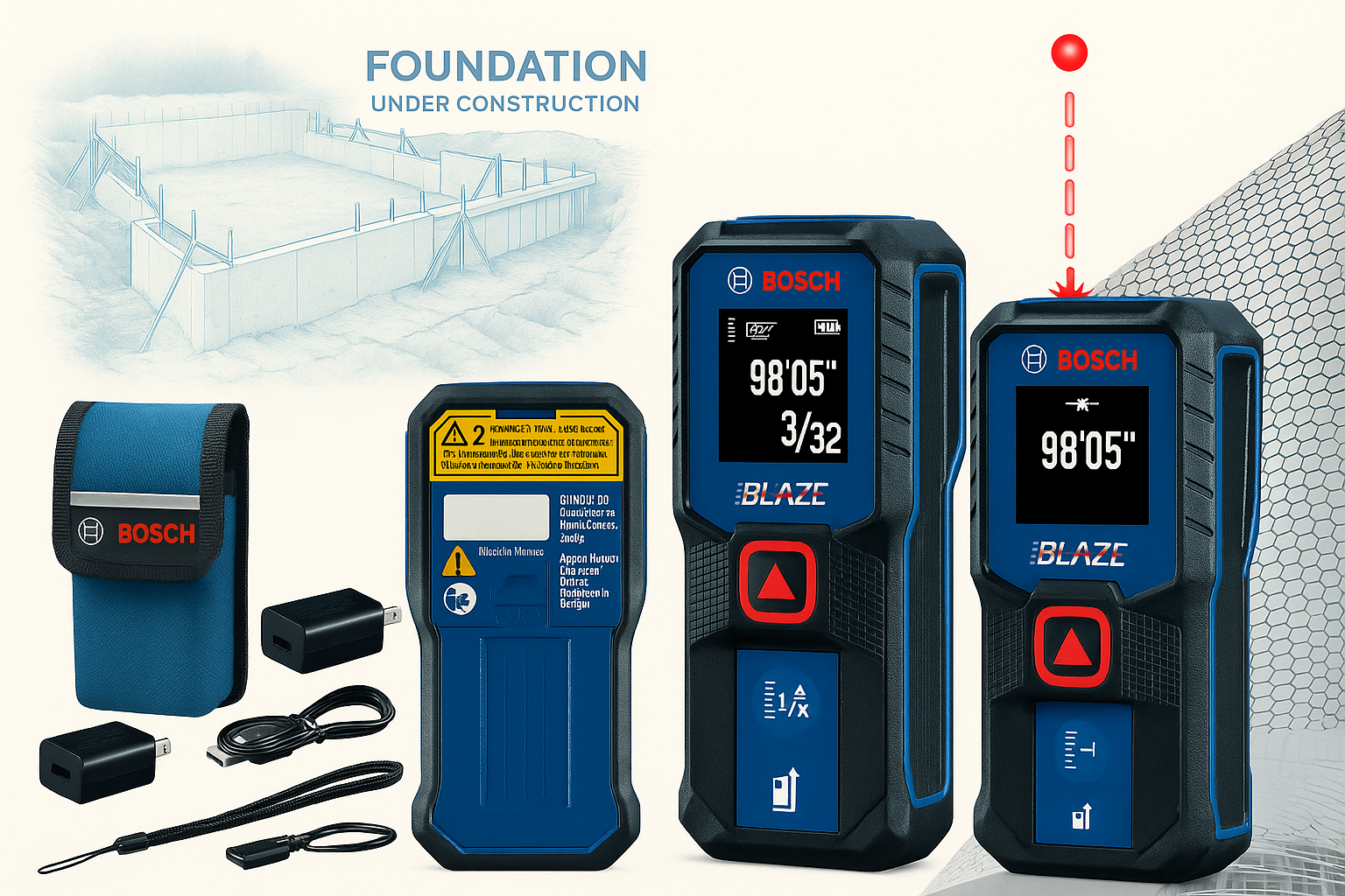 Bosch laser measure with accessories on display.