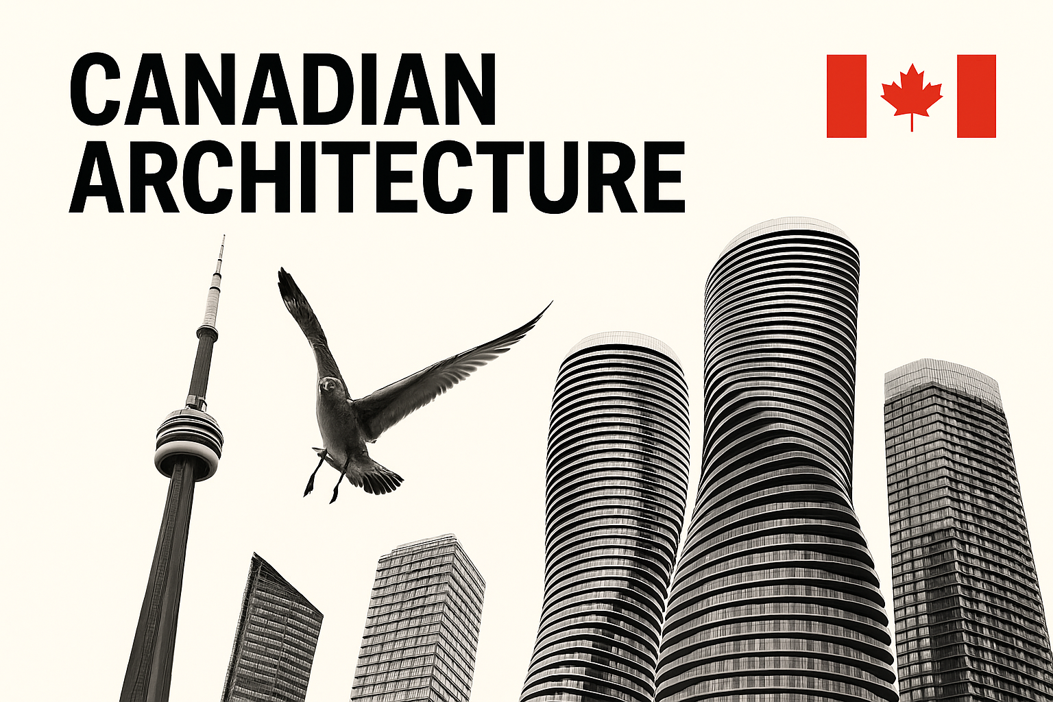 Modern Canadian architecture collage featuring CN Tower, Telus Sky, and Absolute Towers on a clean white background.