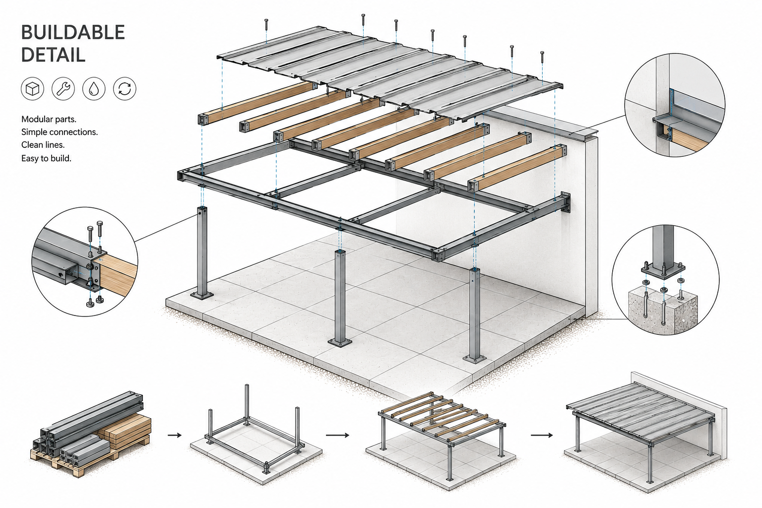 Exploded axonometric canopy assembly diagram showing roof panels, rafters, steel frame, bolts, anchor points, and modular construction sequence.