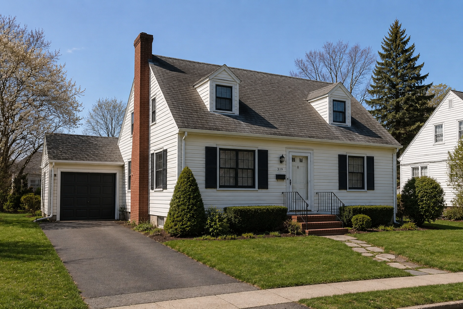 1940s Cape Cod-style house with dormers, brick chimney, side garage, black shutters, and simple front entry.