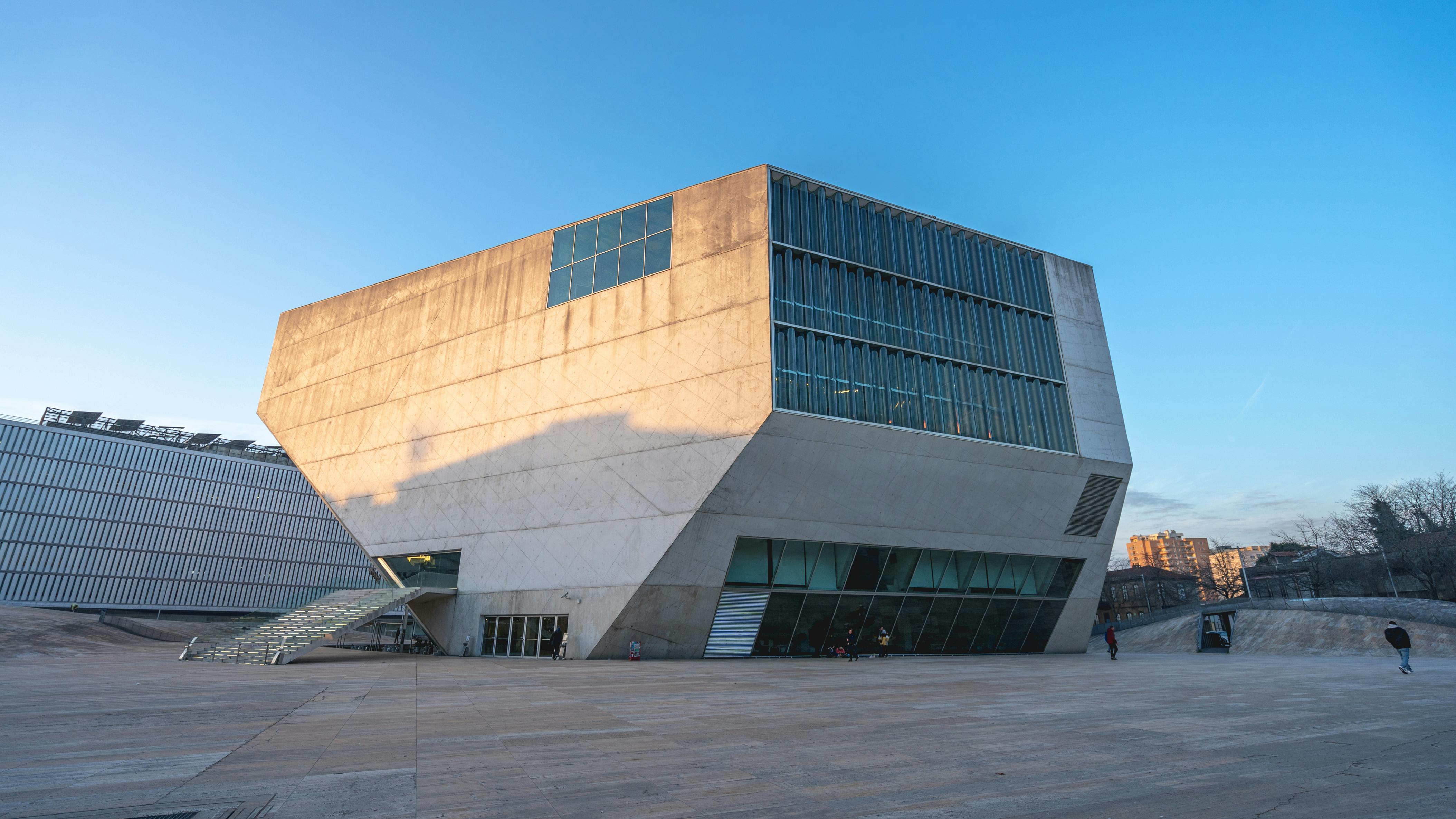 Facade of Casa da Música with angular modern design in Porto.