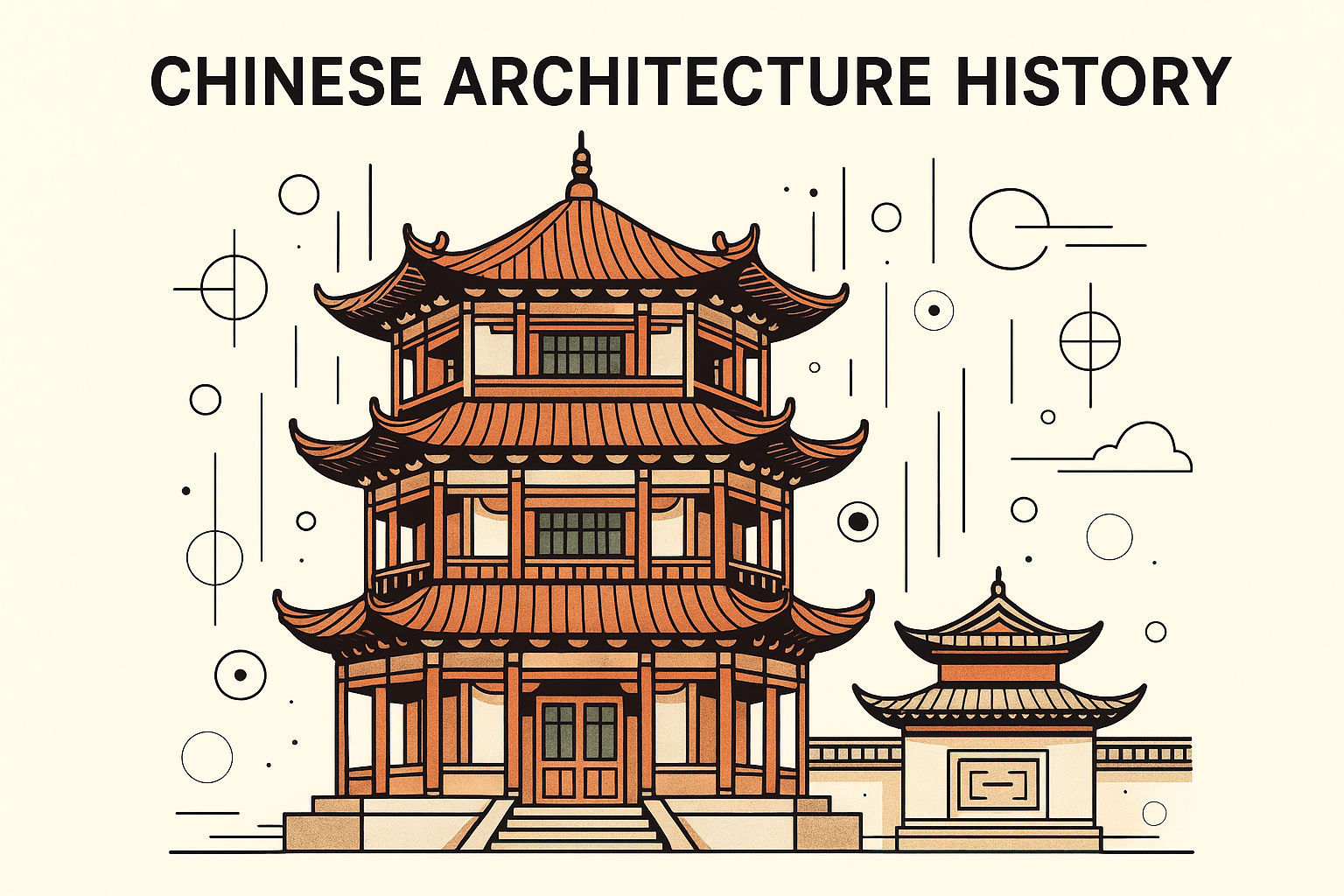 Chinese architecture history: featuring traditional elements like curved roofs, wooden beams, decorative brackets, and symmetry.