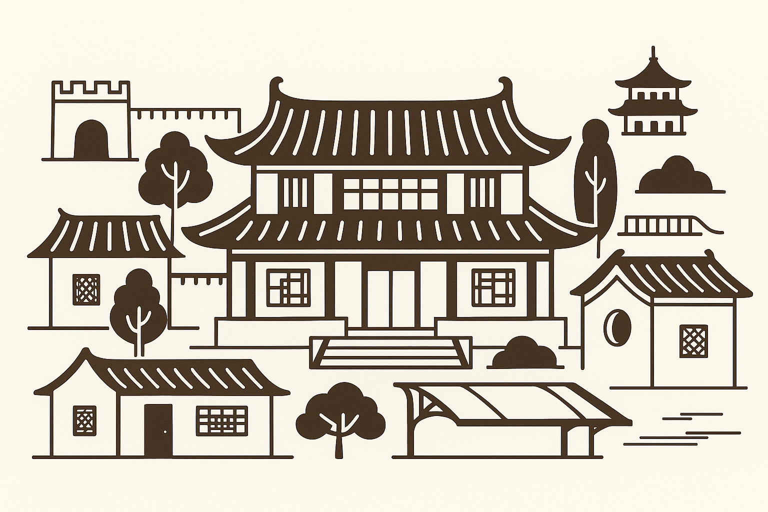 Tiered Chinese courtyard homes with pavilion rooftops and segmented walls.