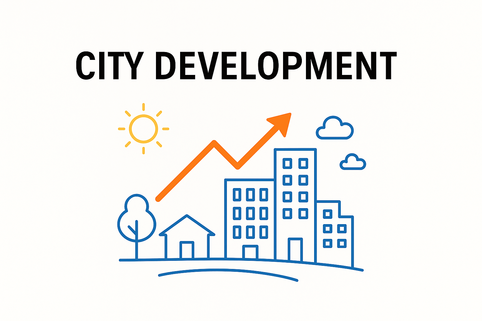 Urban skyline with trend arrow and sunny backdrop for planning content.
