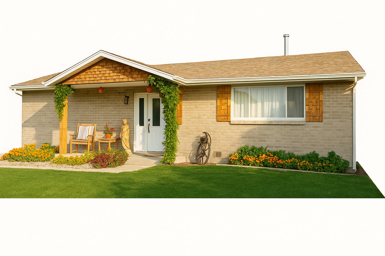 Cozy single-floor house with simple roofline and neat front yard.