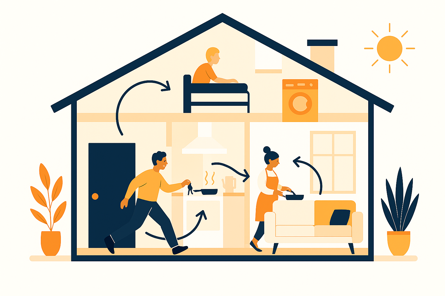 Cross-section illustration of a modern home showing daily activity flow and interior layout logic.
