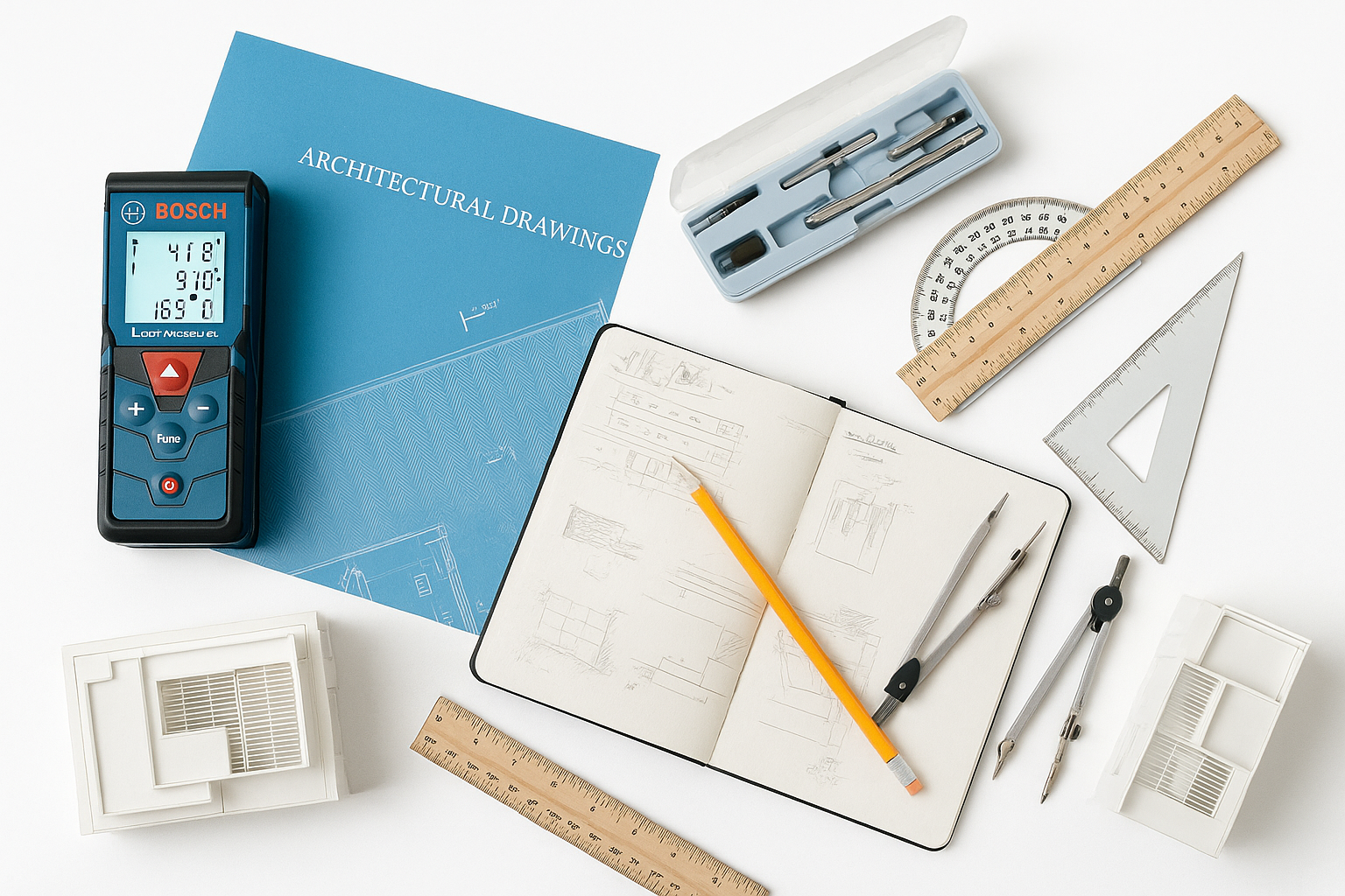 VR headset, blueprints, drafting tools, and CAD station.