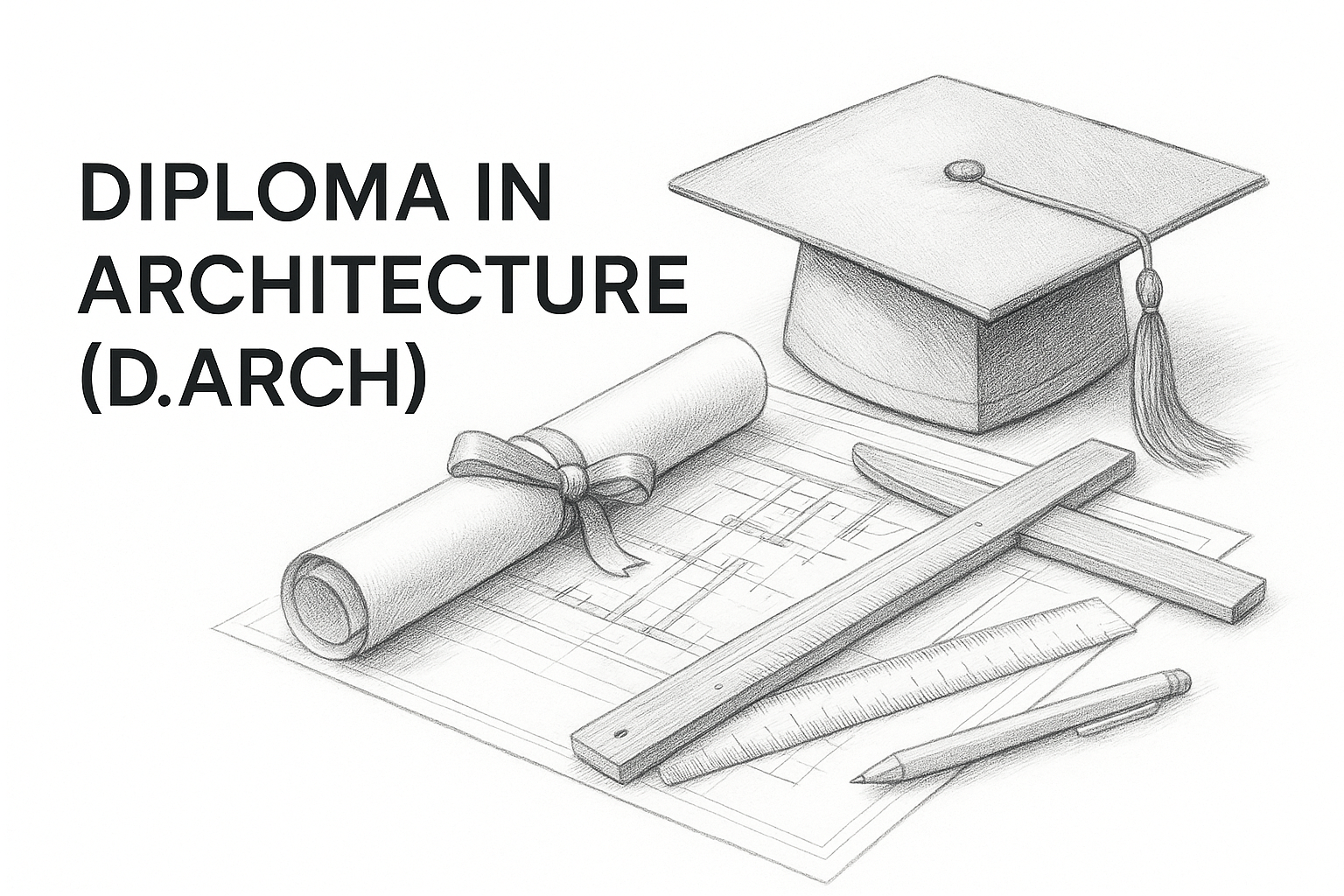 Items representing a Diploma in Architecture program including tools and diploma.