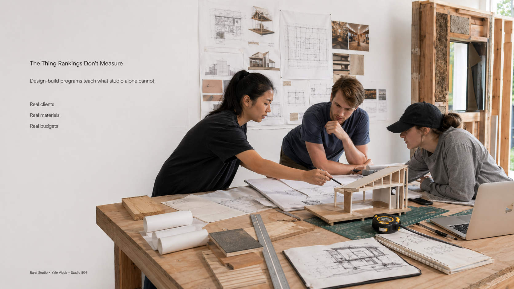 Architecture students review drawings and a physical model in a design-build studio.