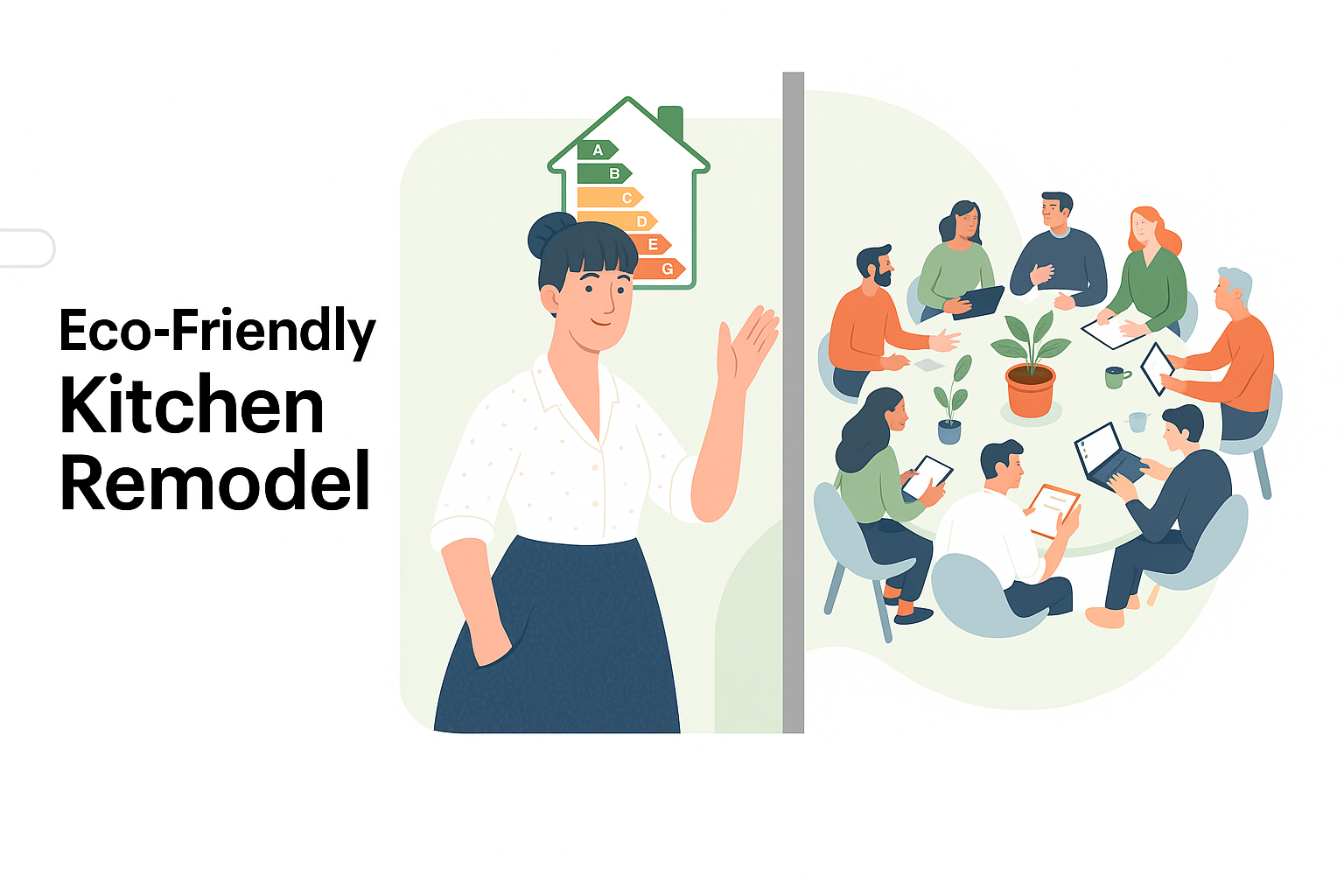 Illustration of an eco-friendly kitchen remodel with a woman standing beside a round-table meeting.