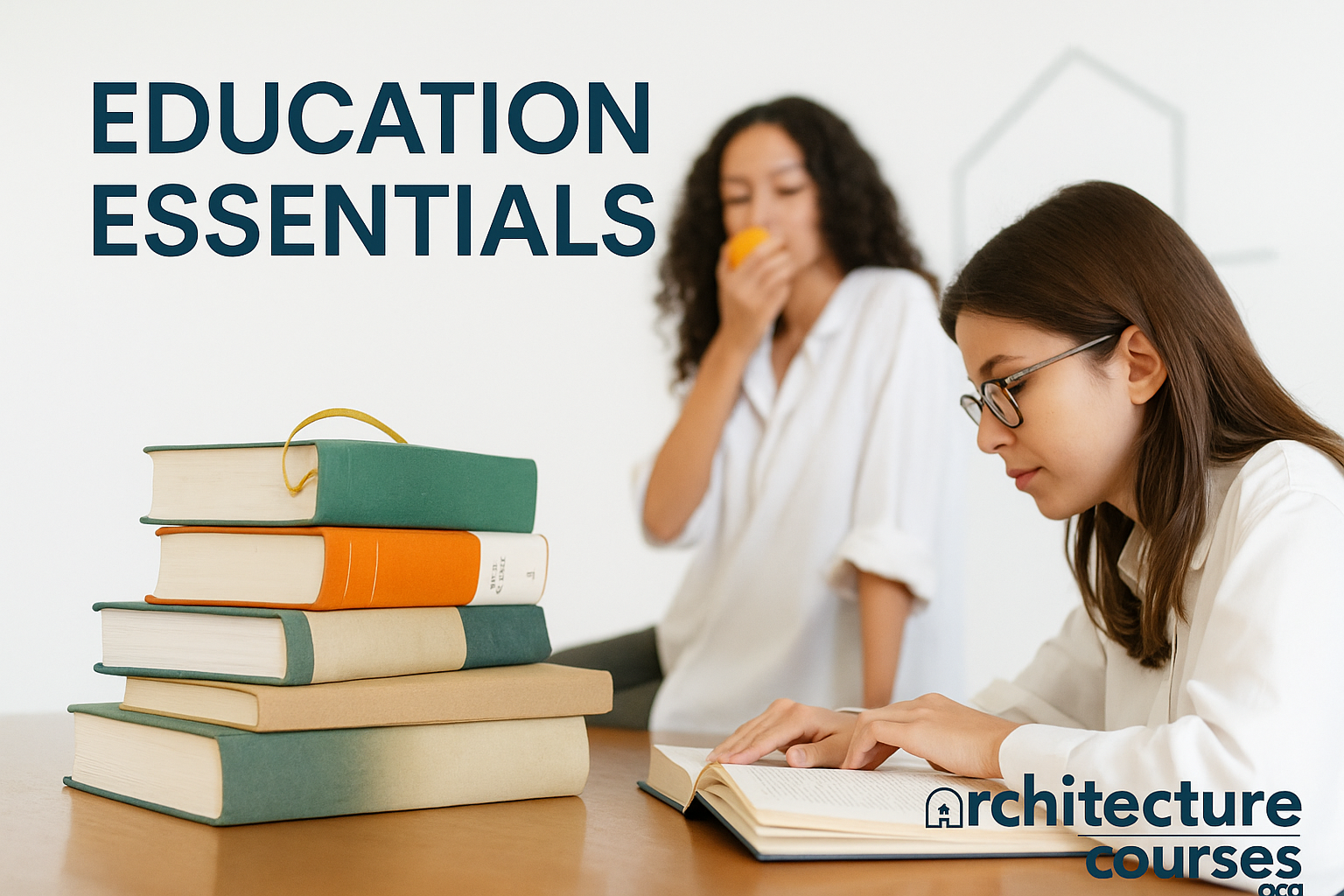 Two students studying at a desk with books and a small architecturecourses.org logo.