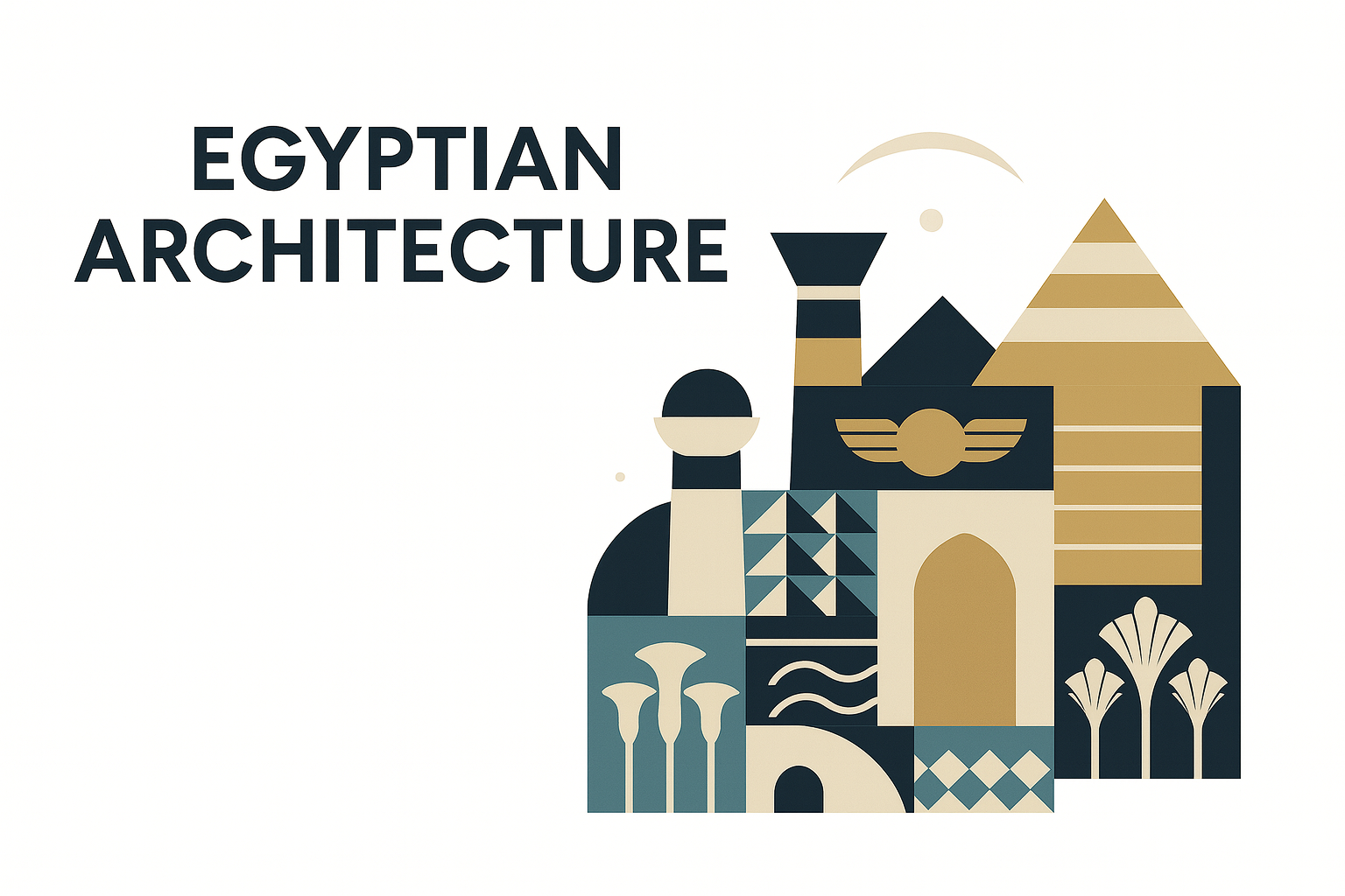Egyptian architecture with pyramid, papyrus columns, and symbolic motifs