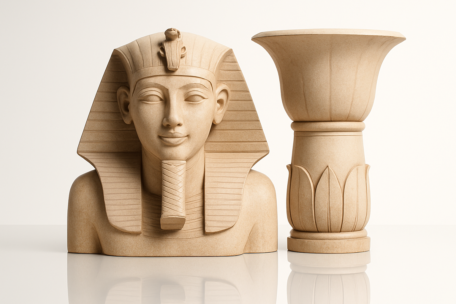 Showing pharaoh bust and lotus column in polished Egyptian architectural style.