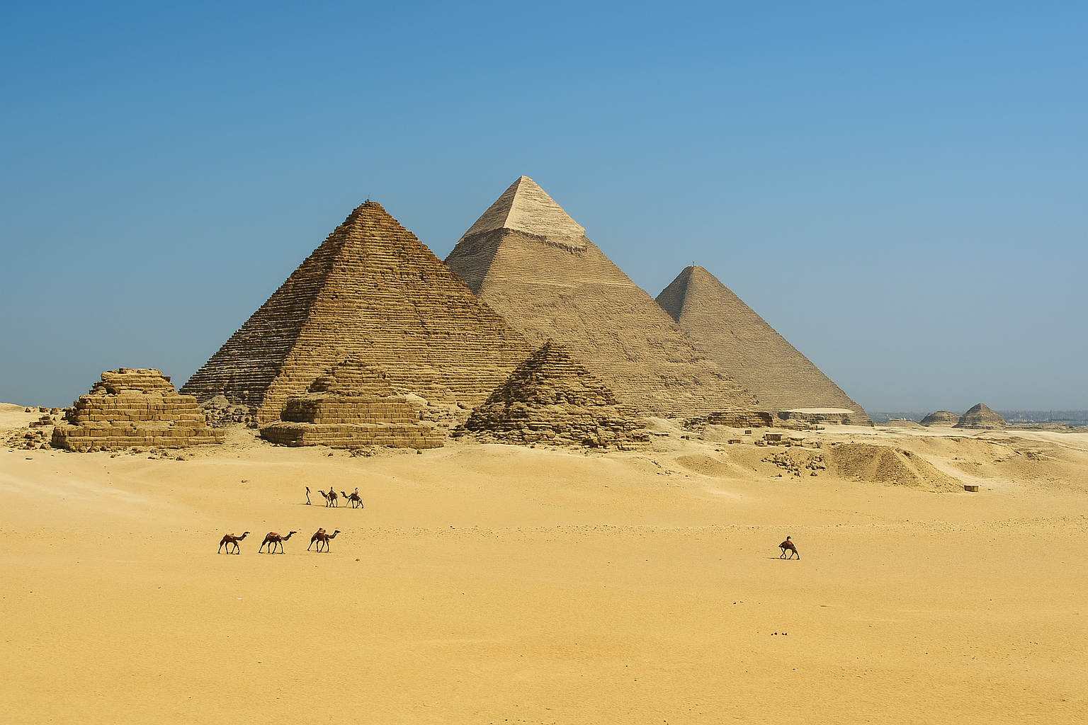 Great Pyramids of Giza with camels crossing the foreground desert.