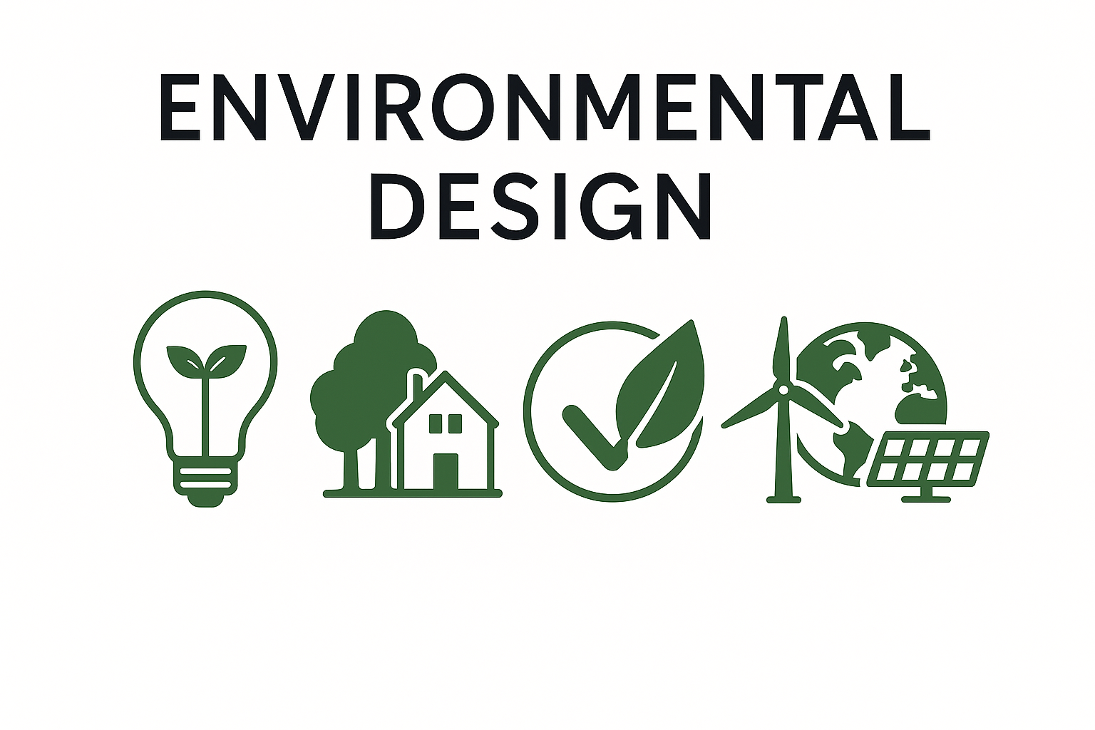 Environmental design with sustainable elements and green symbols.