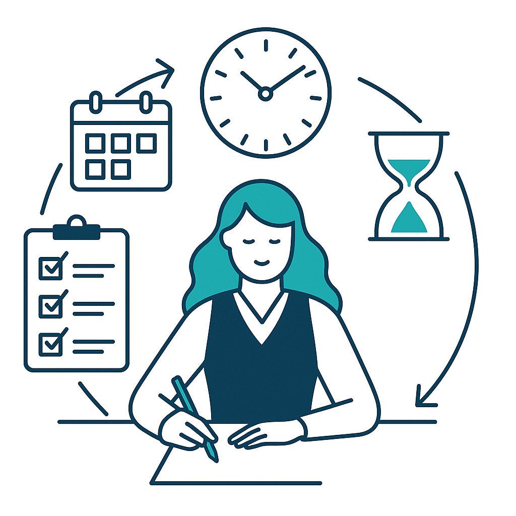 Flat illustration of female architect with clock, calendar, and checklist.