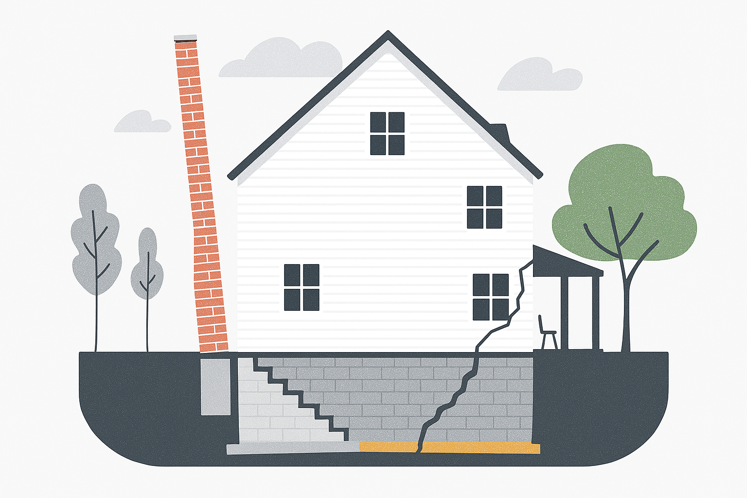 Minimalist illustration of a house with visible foundation cracks and a leaning chimney.