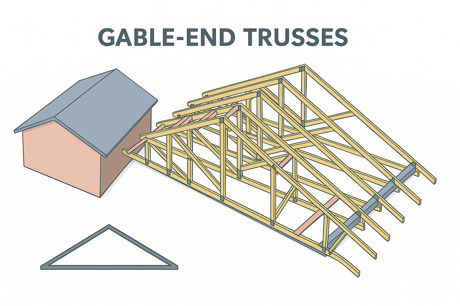 Gable end trusses diagram with house and wooden roof framing.