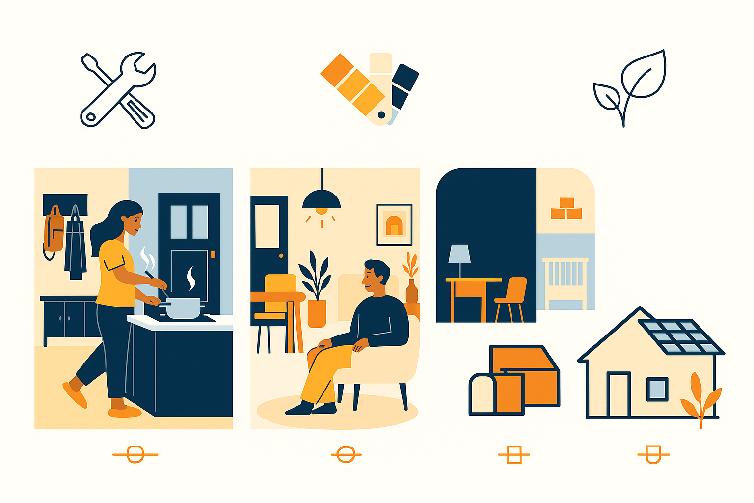 Illustration showing five home design principles using minimal icons: function, flow, style, flexibility, and sustainability.