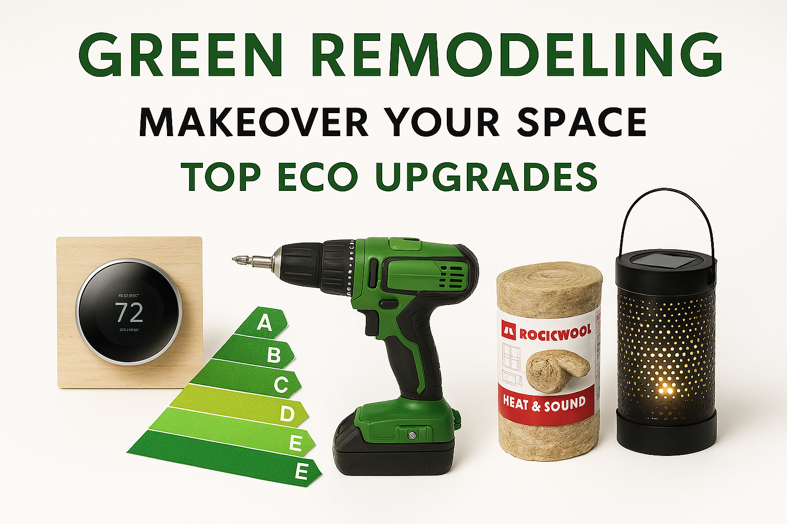 Showing eco-friendly remodeling tools like a smart thermostat, cordless drill, insulation, and solar lantern.