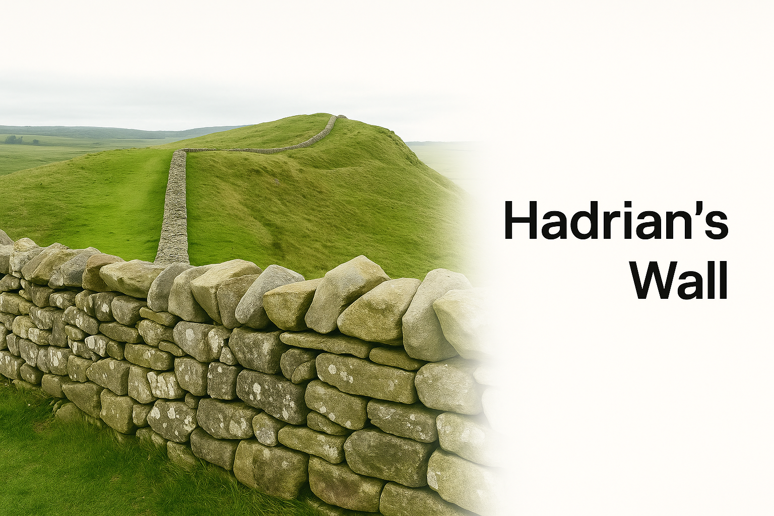 Hadrian’s Wall crossing grassy hills in northern England.